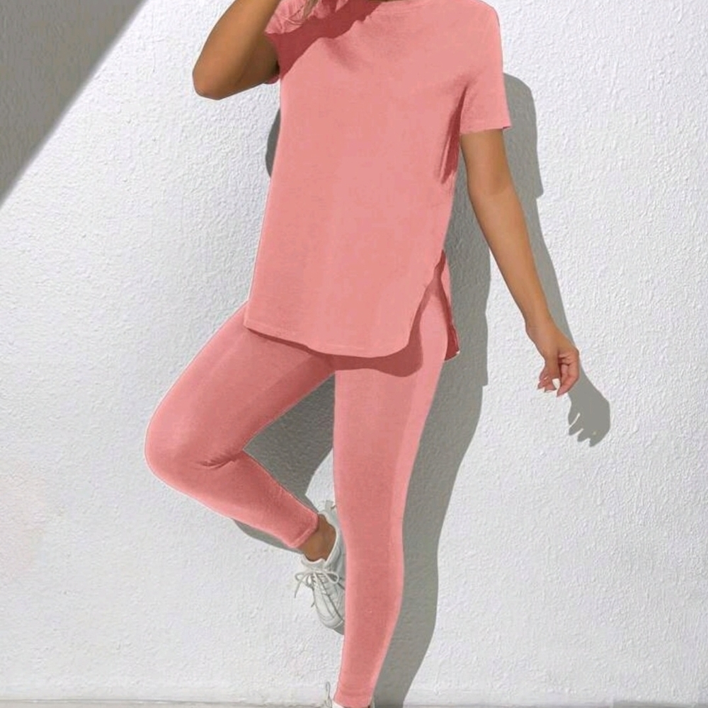 NWOT Shein Dusty Pink Solid Tee & Leggings Set | Size L | Lounge Athleisure
